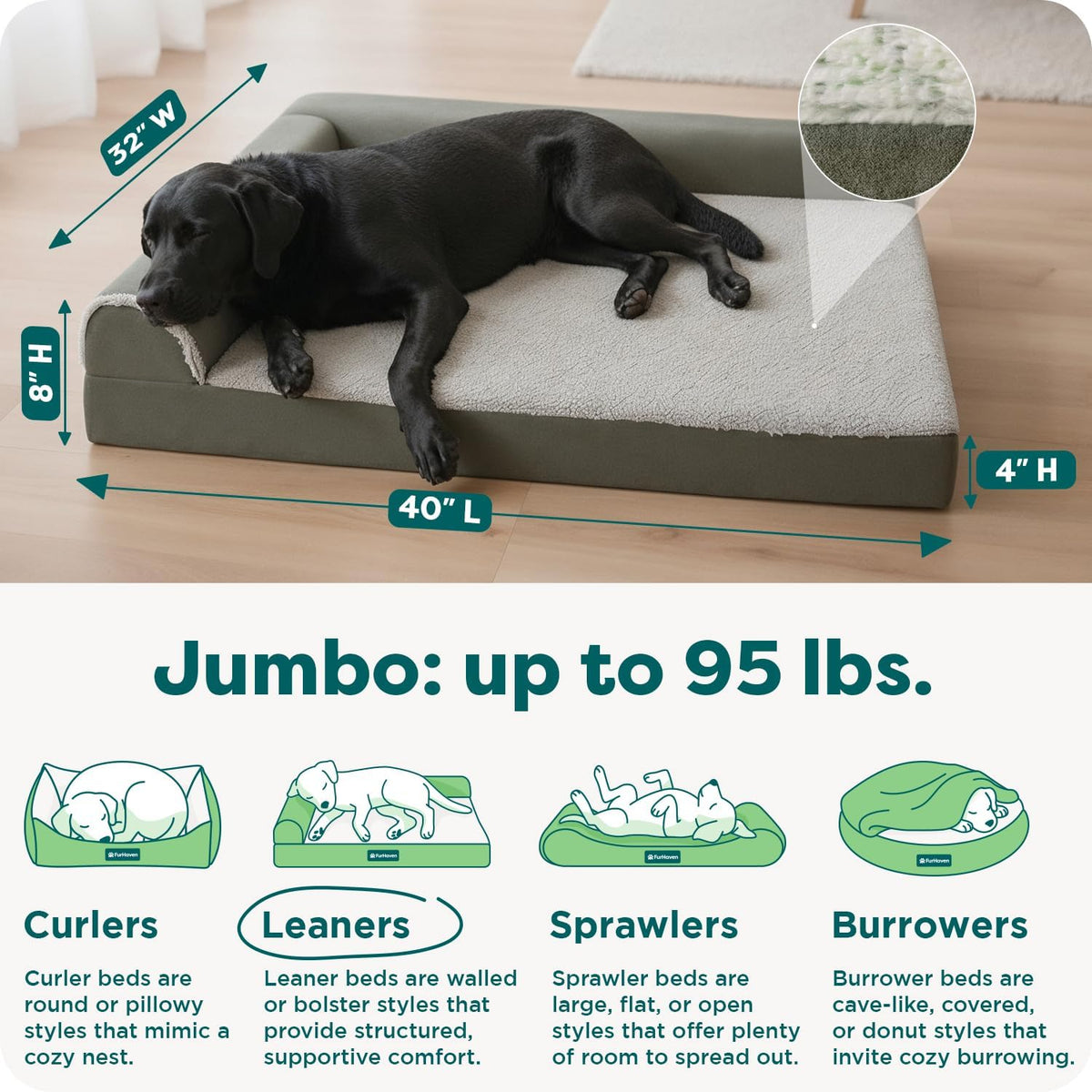 Furhaven Orthopedic Dog Bed for Large Dogs w/ Removable Bolsters - Jumbo / Dark Sage - image 3
