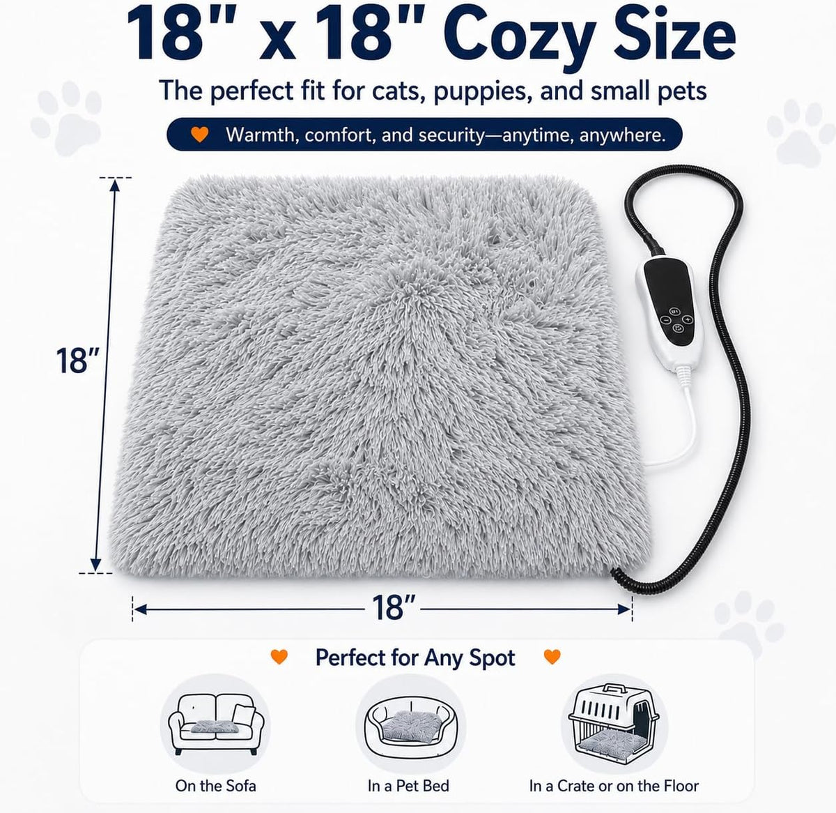 Pet Heating Pad for Cats with Normally Open Function - Grey Plush / 18.0"L x 18.0"W - image 2