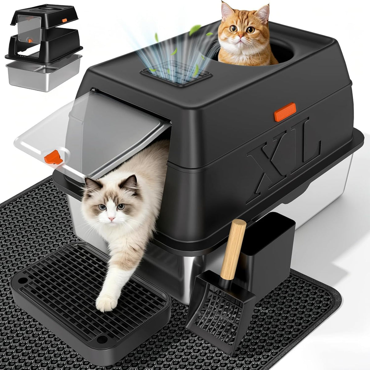 XL Enclosed Stainless Steel Litter Box with Lid - Black