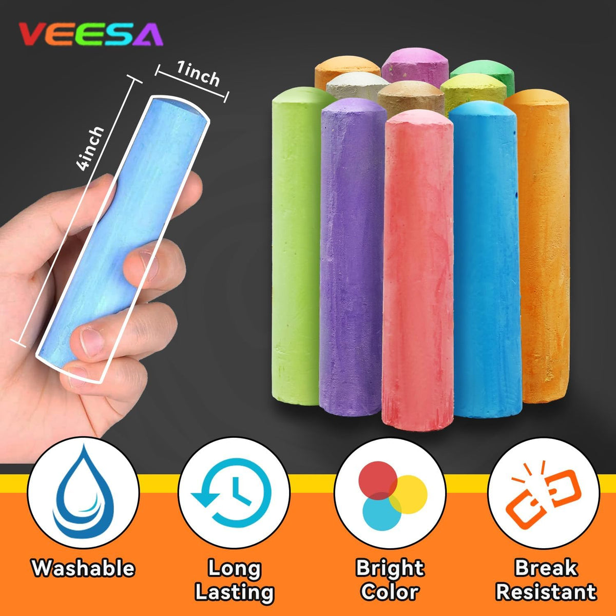 VEESA Washable Sidewalk Chalk for Kids, 10 Bright Colors - 1 Count (Pack of 52) - image 2