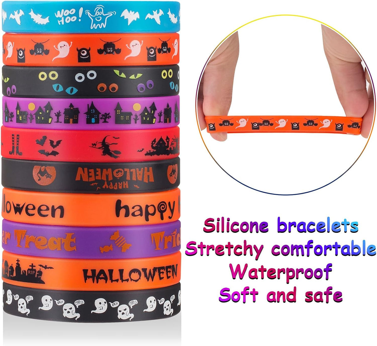 Steelhill 30 Halloween rubber bracelets, colorful silicone wristbands in 10 printed styles - view 3