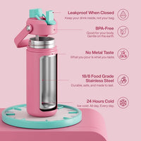 Insulated Water Bottle with Straw Stainless Steel Water Bottle, Leak-Proof, BPA-Free, Double Wall Vacuum Keeps Cold for 24 Hours for Sports, Travel, School (18 oz, Tulip)