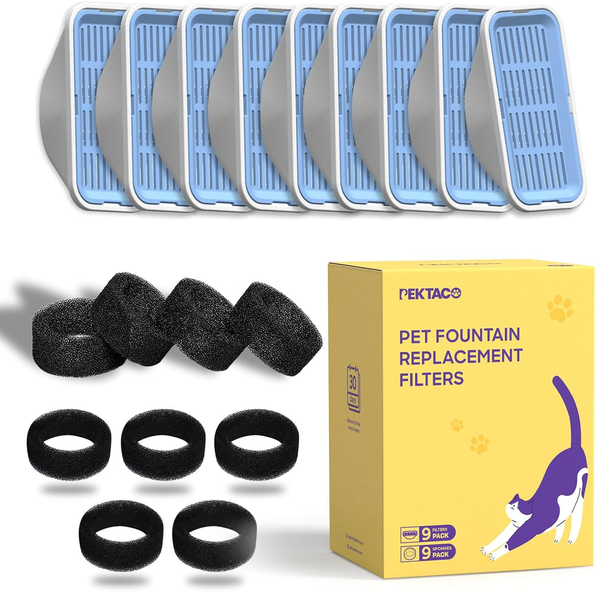 PEKTACO Cat Water Fountain Replacement Filters for 3.2L/108oz - 9 Filters+9 Sponges - image 4