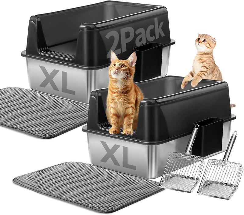 Marchul Enclosed Stainless Steel Cat Litter Box with Lid & Drawer - 2 PCS Open Entry
