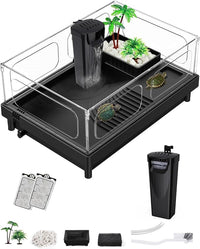 Small Turtle Tank, Aquarium, Acrylic Terrarium with Basking Platform, Bottom Drainage, Multi-Function Areas for Turtles, Crabs, Crayfish, Reptiles.(Black+Filter)