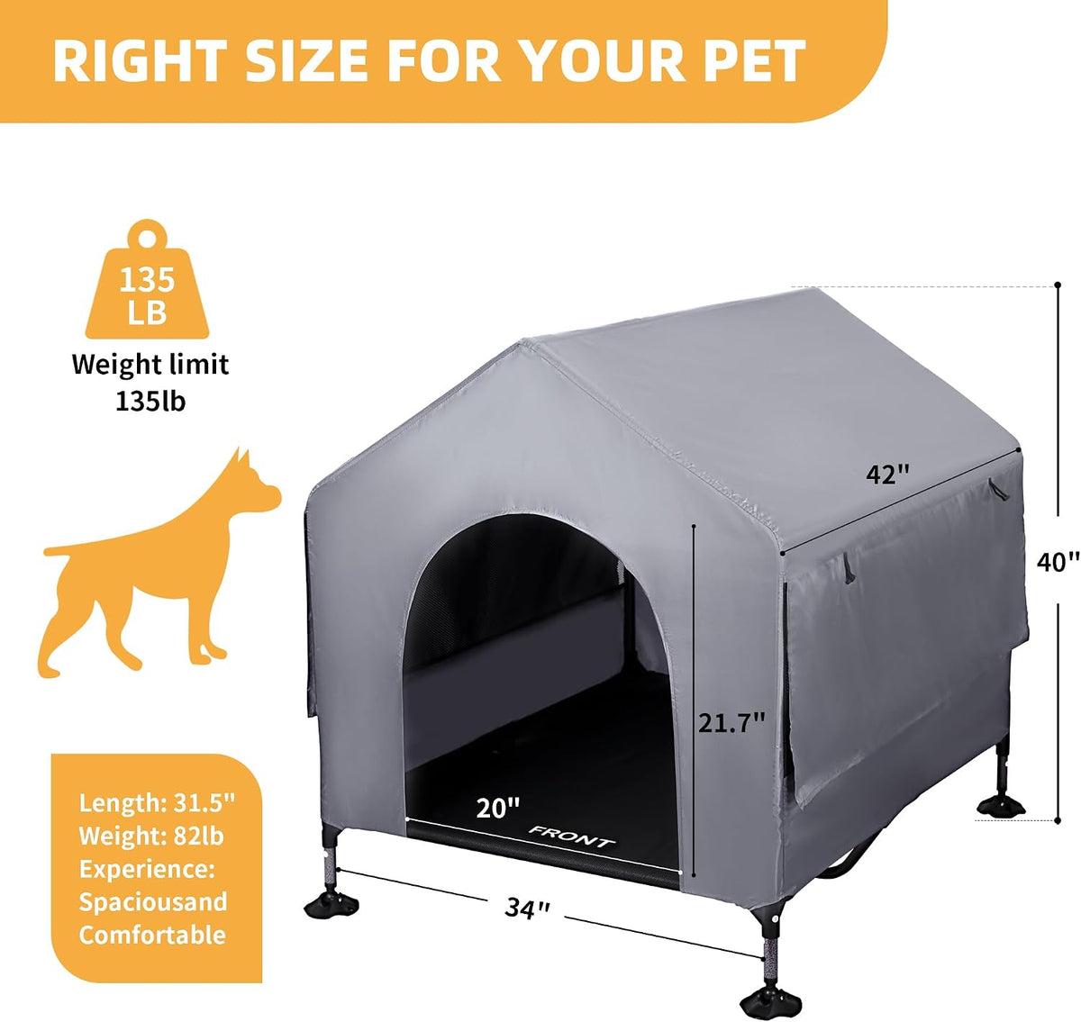 Dog House, 42” Large Dog Houses Outdoor Indoor Elevated Dog Cot Bed – Essentials for Dogs - 42 INCH Grey - image 4
