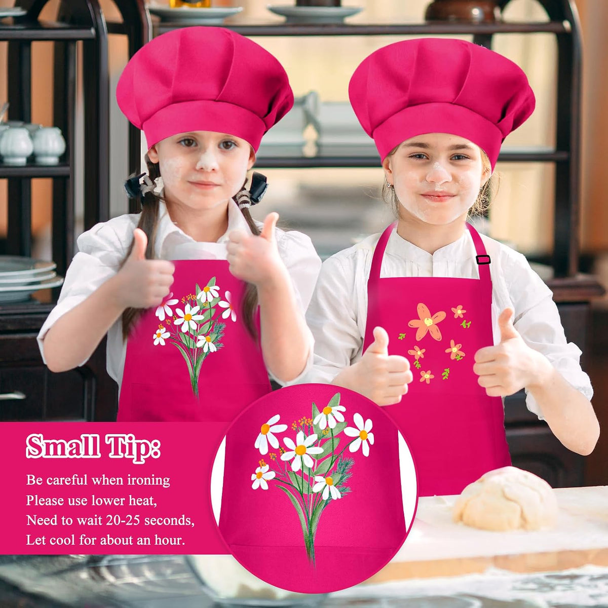 Kids Apron and Chef Hat Set Adjustable Child Art Aprons with 2 - K-rose Red / Small - image 4