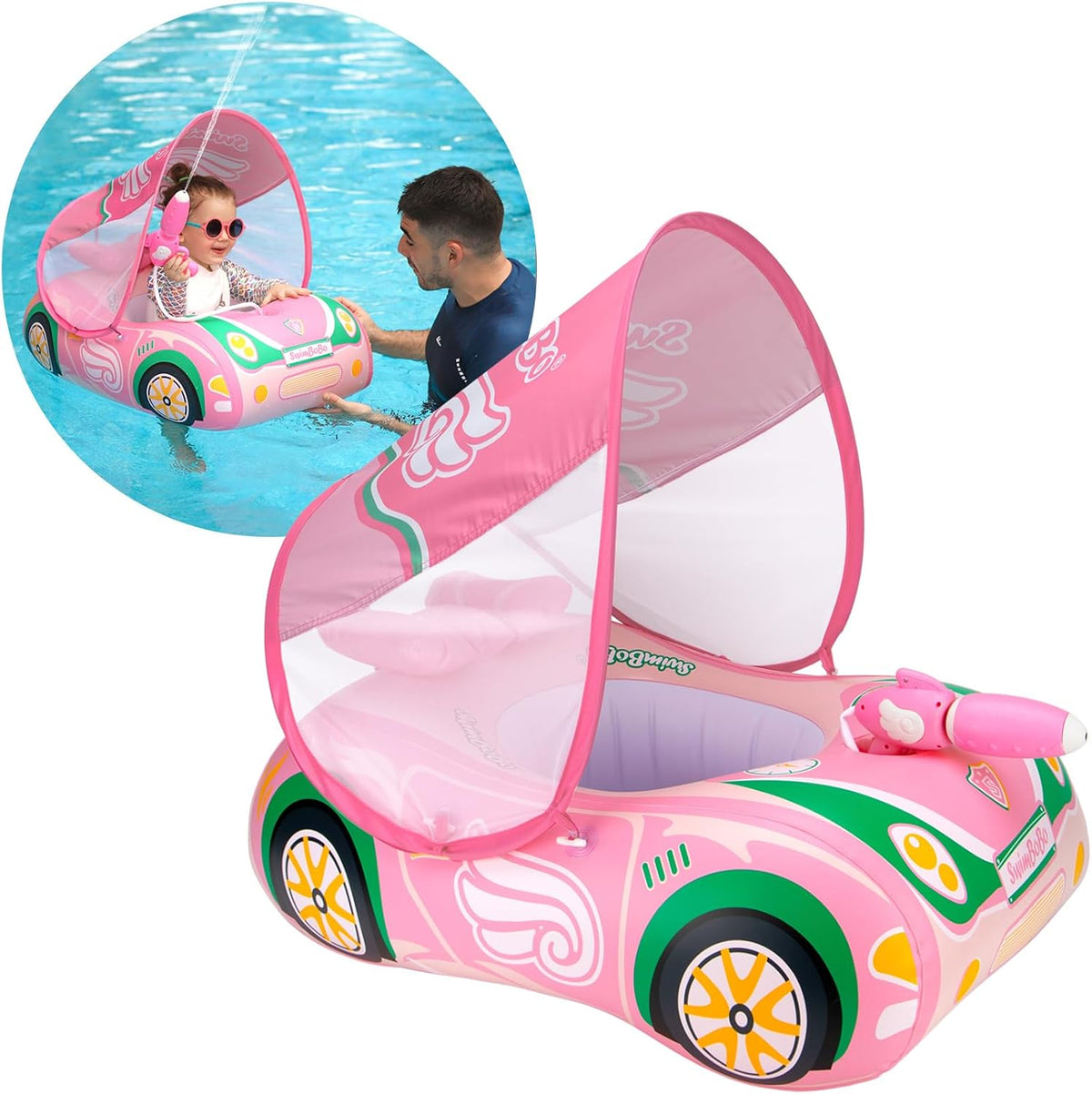 Toddler Float Inflatable Baby Swim Float with Canopy and Seat Pool - Pink Car with Water Gun