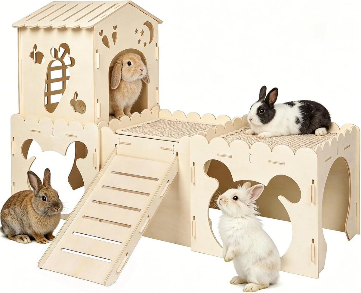 Large Rabbit House, Wooden Bunny Castle with 3 Houses Indoor - 4 Houses with 2 mats