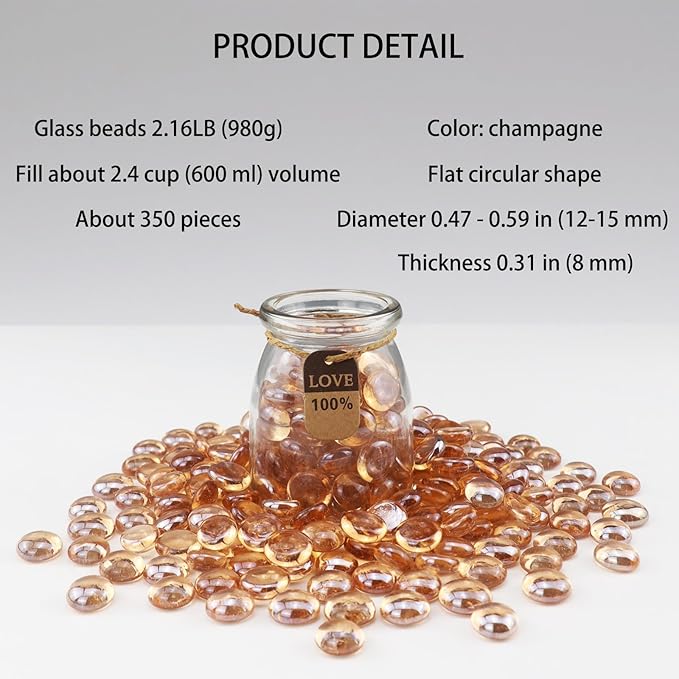 2.16LB Glass Beads Vase Filler Aquarium Gravel Decor Flat Glass Marbles Gems Pebbles Fish Tank Rocks Home Decorative Art Craft - Champagne