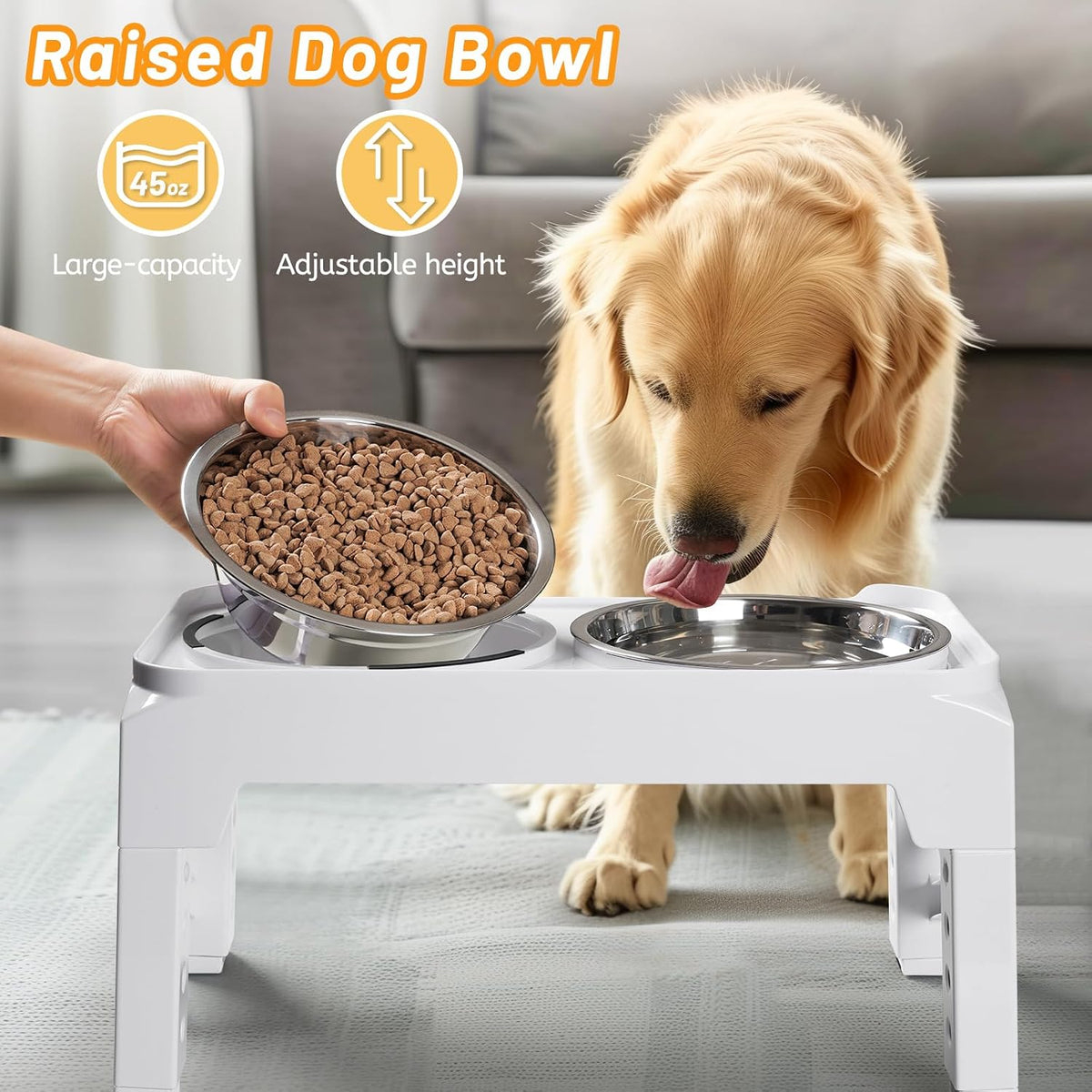 Hubulk Elevated Dog Bowls with 2 Stainless Steel Dog Food & Water - M (8" for M/L Dogs) / White - image 4