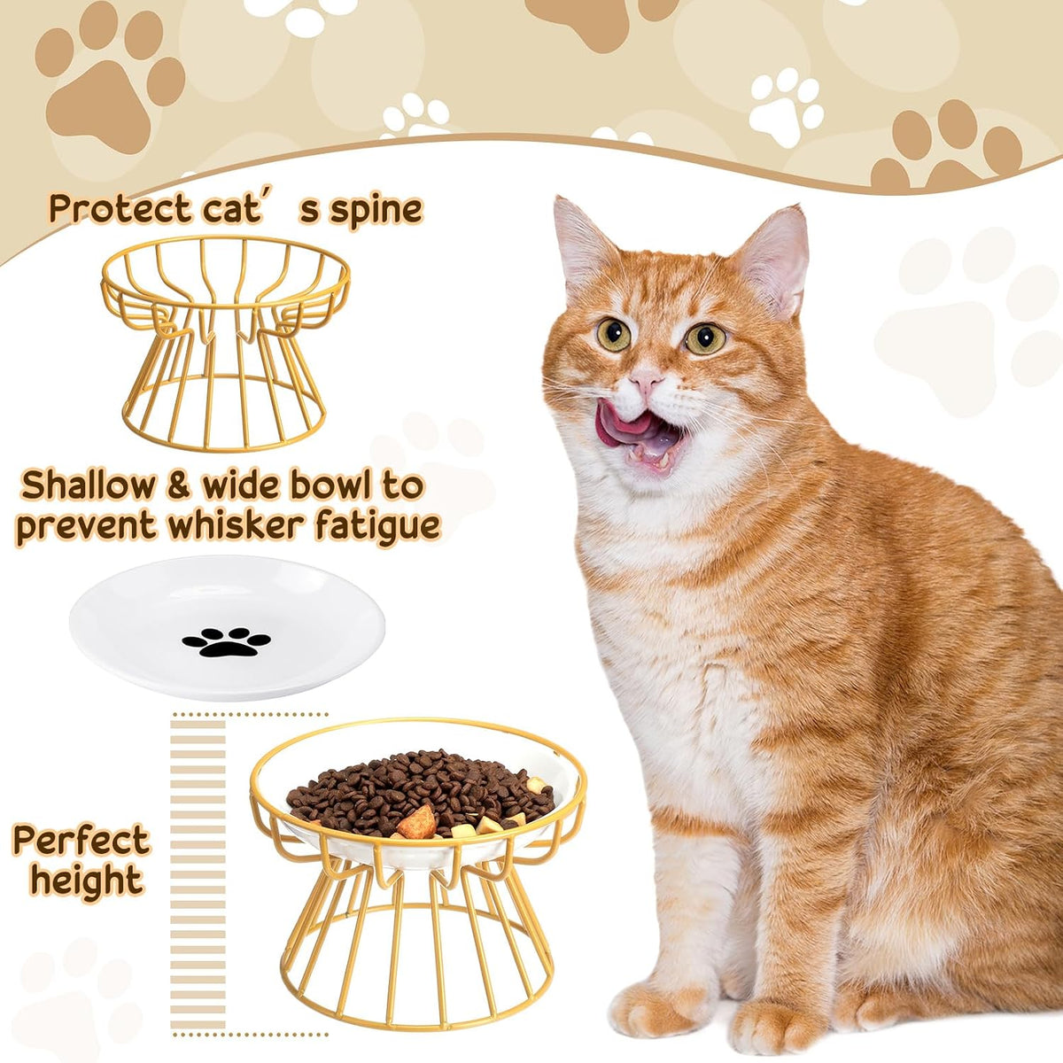 4 Sets Elevated Cat Bowls Ceramic Raised Cat Food Bowls with Metal - Gold / Paw - image 3