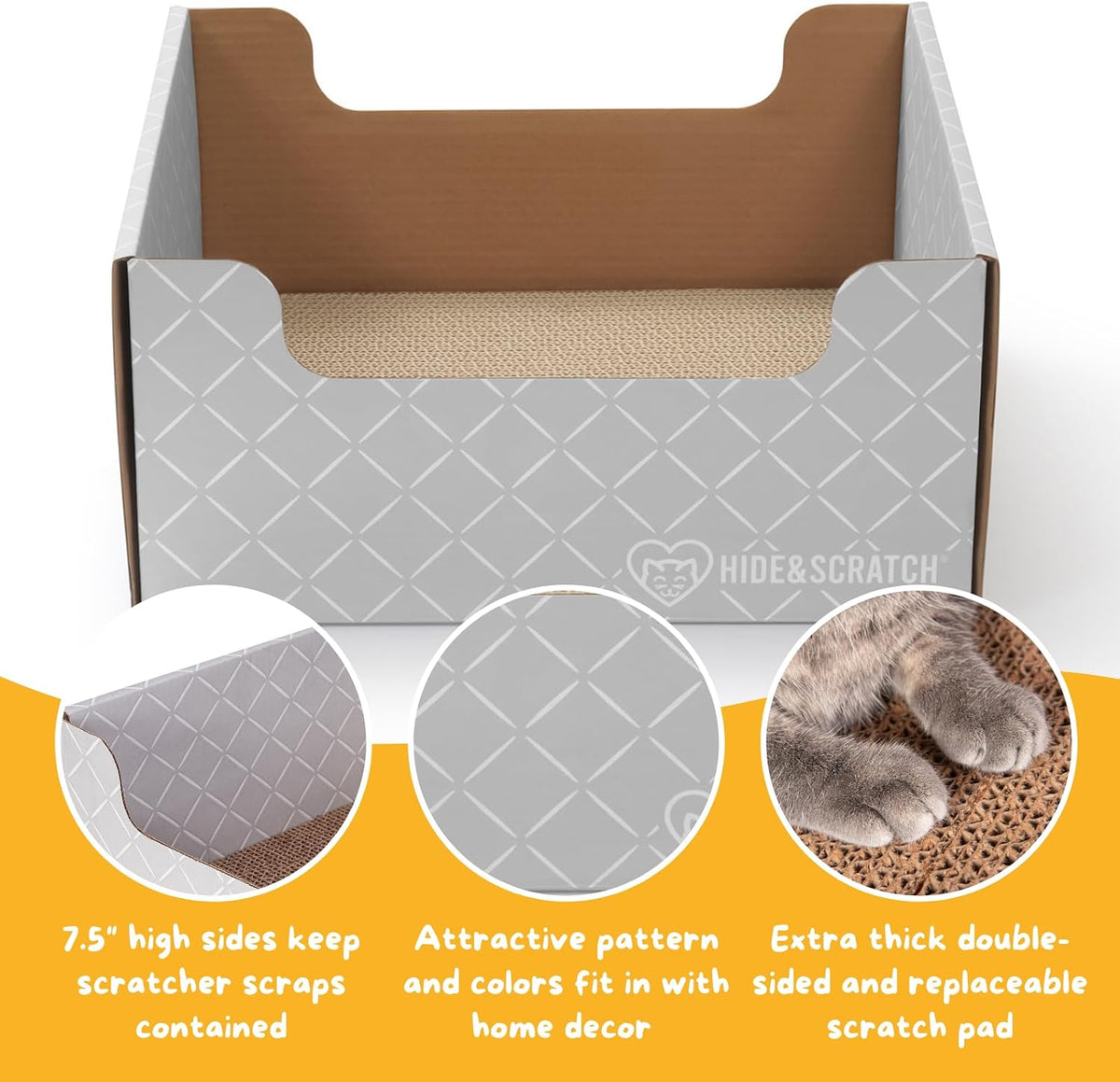 Hide & Scratch Cardboard Cat Scratcher Box & Bed Dark Grey Diamond Pad – Essentials for Cats - Light Grey Diamond - image 3