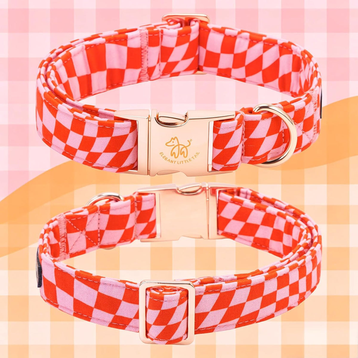 Dog Collar with Bow, Elegant Little Tail Blue Plaid Boy Dog Collar Cute Bow – Essentials for Dogs - Pink Checked / Medium (Pack of 1) - image 3