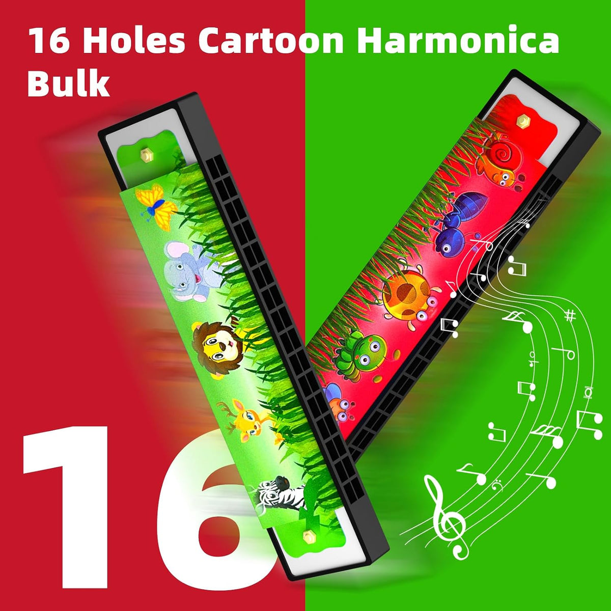 Wholelovein kids harmonicas, 20 colorful double row harmonicas with cartoon animal prints - view 5