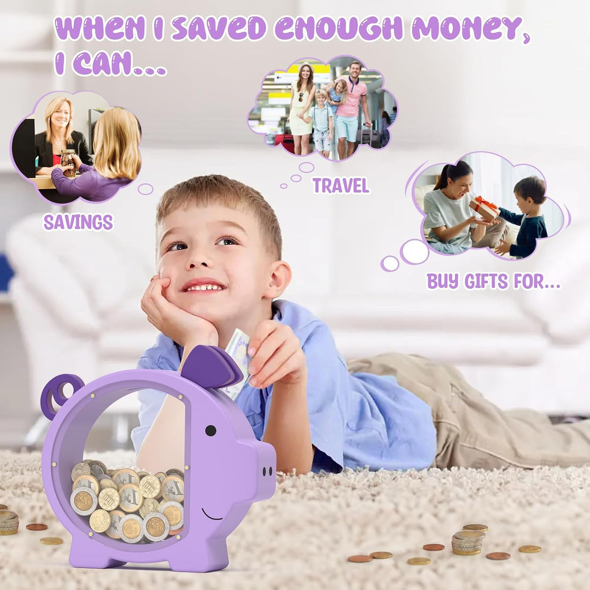 KMC wooden piggy bank for kids with clear acrylic front panel in pink - view 11