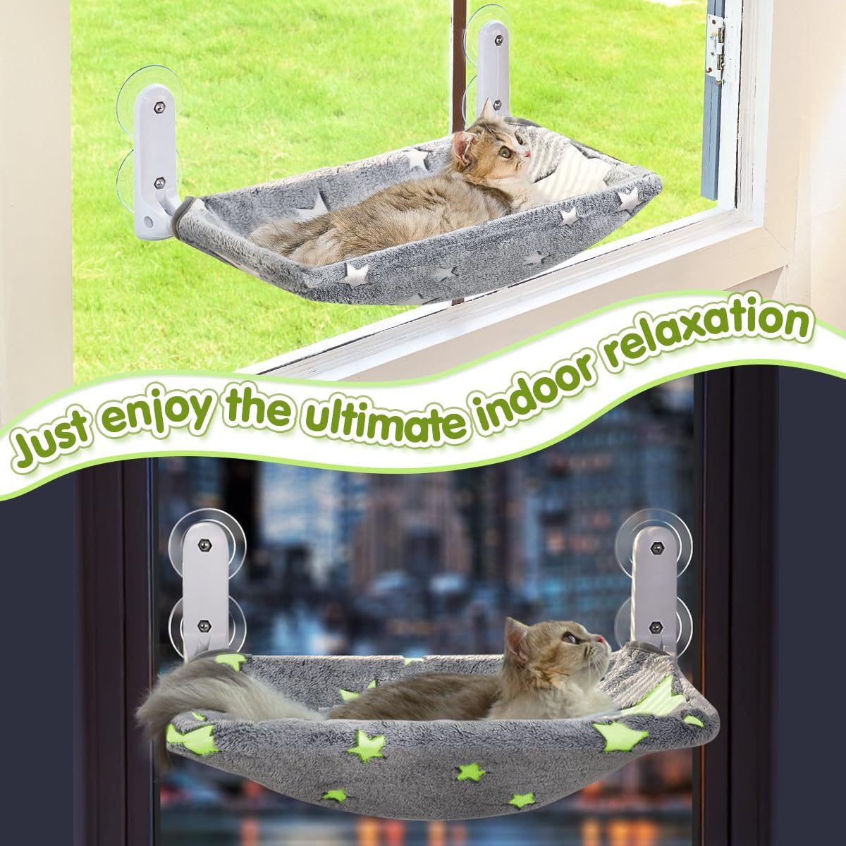 Glow in the Dark Cat Window Perch, Foldable Cordless Pet Hammock - 1PC Stars - L - image 4