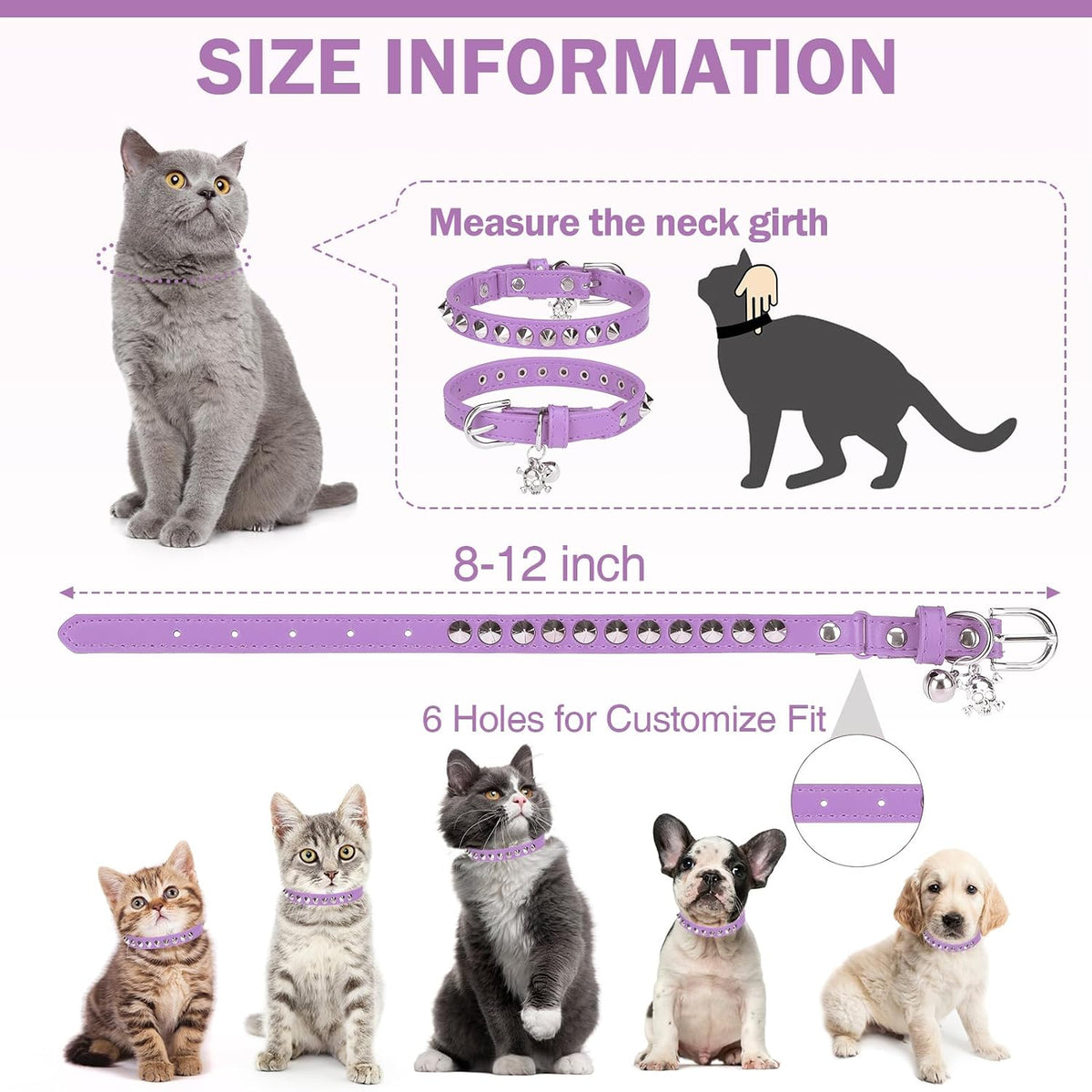 Leather Cat Collar, Breakaway Kitten Collars with Bell, Black – Essentials for Small Pets - Purple_Studded / 8"-12" Cats / Mini Dogs(Pack of 1) - image 2