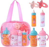 Beem Jun pink baby doll bottles and pacifiers set in a clear zippered bag - view 2