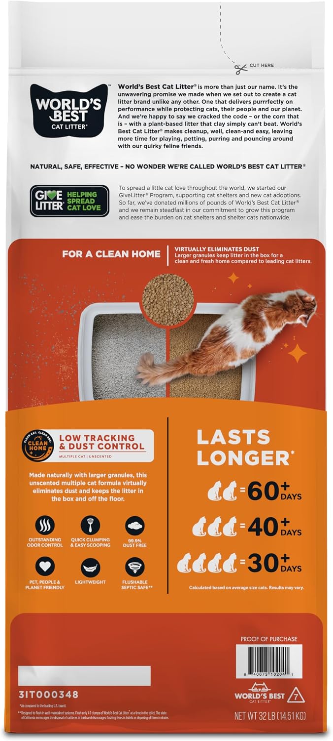 World's Best Cat Litter Low Tracking & Dust Control, Unscented - 32lb - image 3