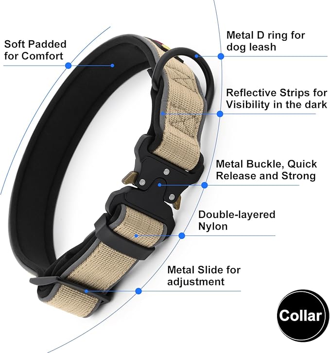 Plutus Pet Tactical Dog Collar, Reflective, Adjustable Heavy Duty Dog Collar, Soft Padded and Comfortable, for Small Medium and Large Dogs (Beige, L)