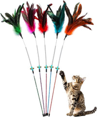Cat Wand Toy Feather Sticks - 5 Piece Interactive Wands Toy Set with Feathers, Durable Spring Design - Perfect for Engaging Playtime Fun for Kittens and Cats - Cat Toys for Indoor Cats