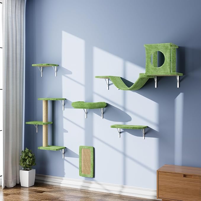 NUNU LAB Wall Mounted Cat Furniture, 6 Pcs Cat Wall Shelves with Condo House, Bridge, Steps, Scratcher, Hammock, Indoor Safe & Stable Furniture for Kittens Play, Green