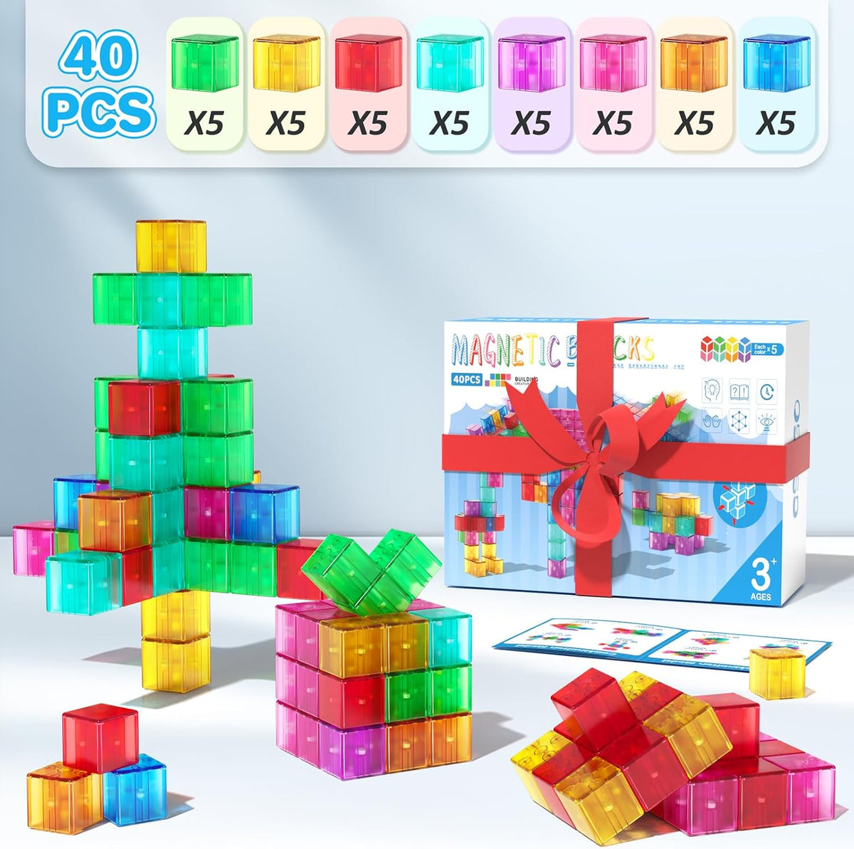 Large Magnetic Blocks,56PCS 1.34in 3D Building Cubes for Kids Ages 3+ – Fun for Kids & Family - ​​Transparent-40PCS（1.34in） - image 3