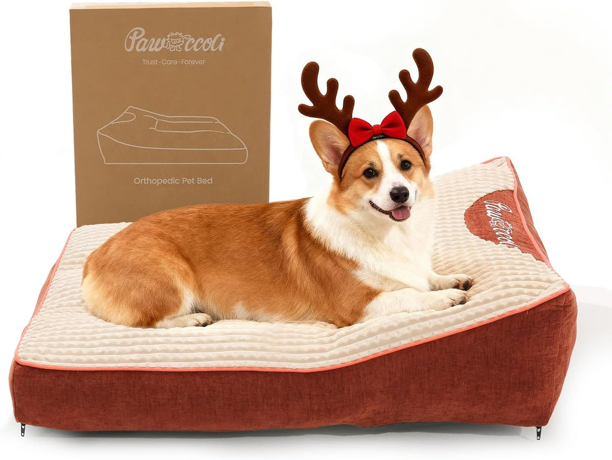 Pawccoli orthopedic dog bed for small dogs, 30 inch bolster couch with plush flannel