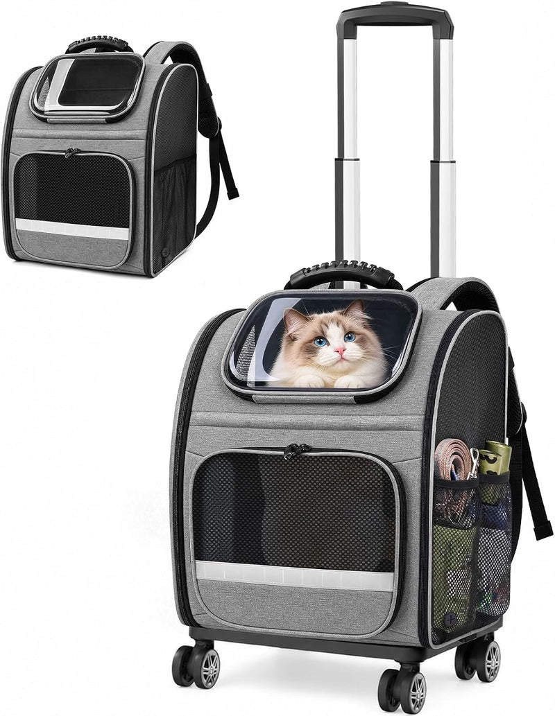 Pawtners Rolling Cat Carrier Backpack with Wheels for Cats Small Dogs - Gray