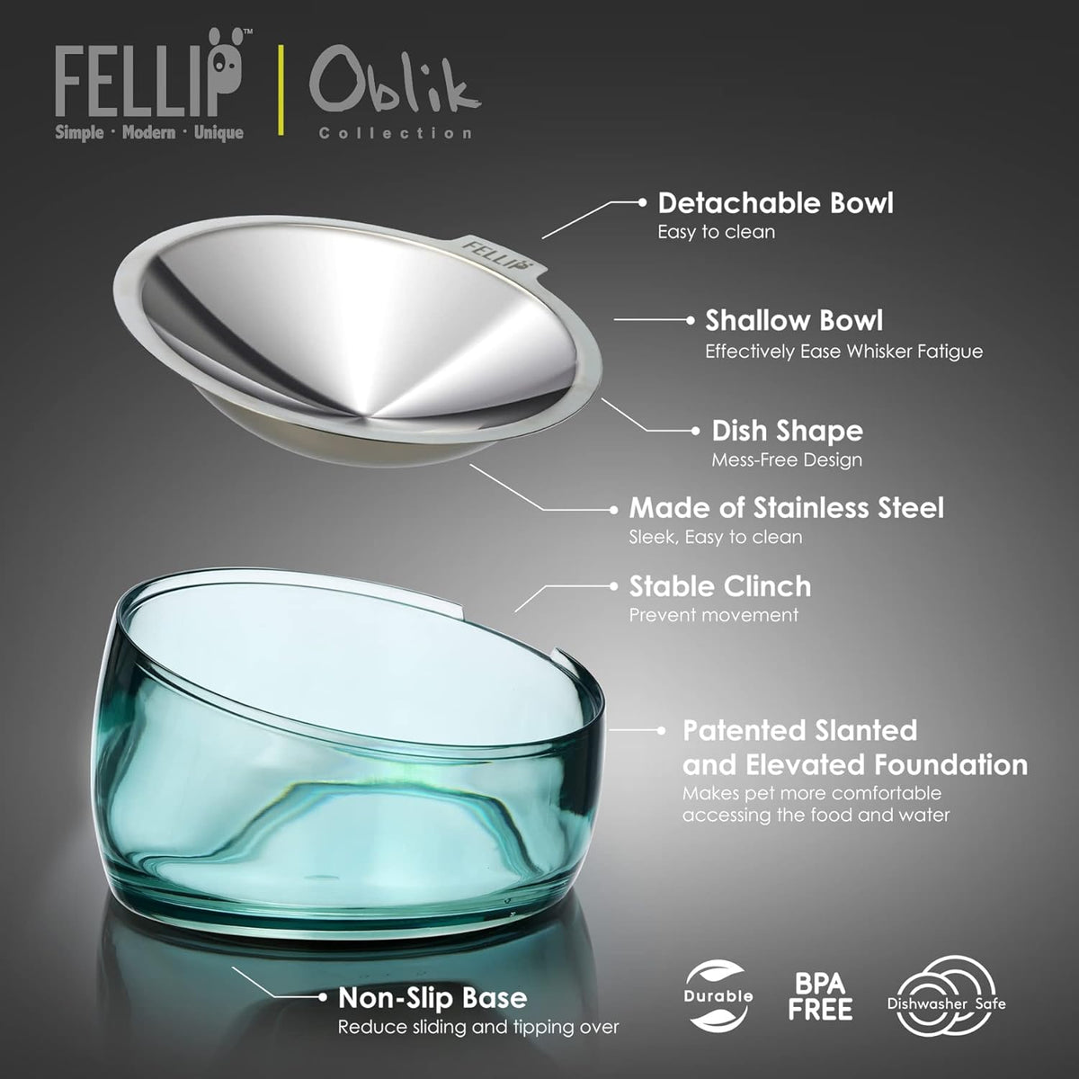 Felli Pet Oblik Acrylic Raised Dog Food Water Bowl Stainless Steel - Classic / 0.5 Cups Shallow Dish - image 3