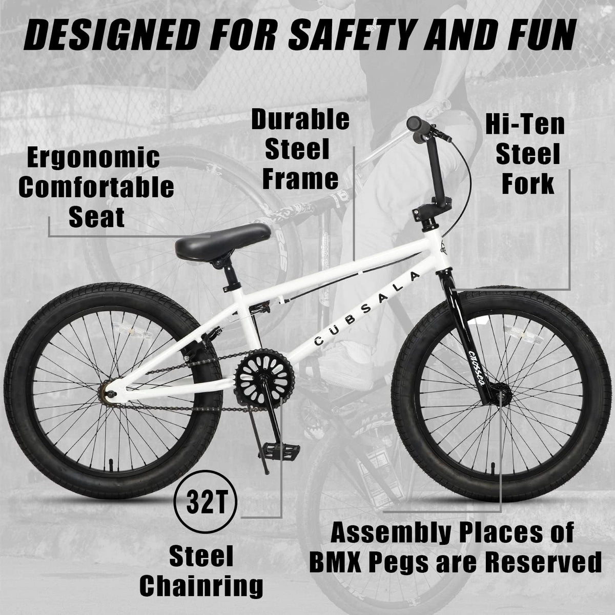 cubsala Crossea 18 20 Inch Kids Freestyle BMX Bike for 5-13 Years Old – Fun for Kids & Family - White & Black / 20 Inch / Without Pegs - image 2