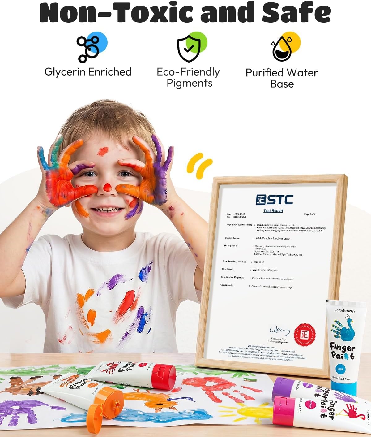 JUPITEARTH washable finger paint set for toddlers with 12 color tubes, apron, brush, palette and eye - view 5