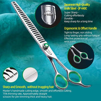 Professional Thinning Shears for Dogs 8 inch Dog Grooming Scissors for Pet Long Chunkers Shears Japanese 440C 70% Thinning Rate 24 Teeth Green Clover