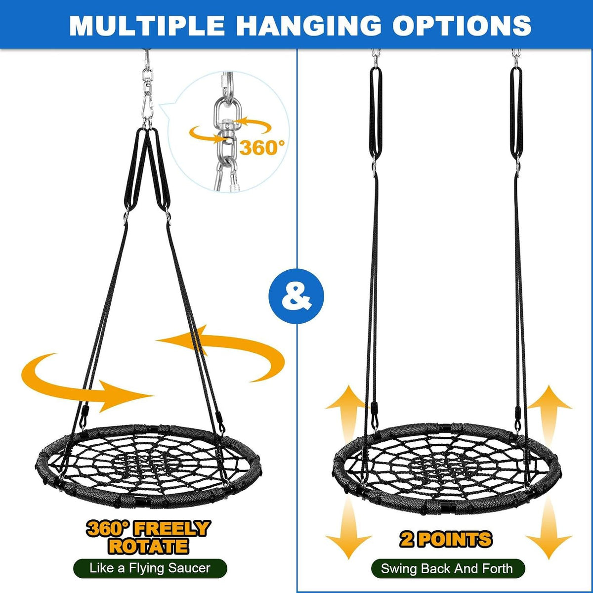 Odoland 43 inch black spider web tree swing with padded steel frame and adjustable ropes - view 8