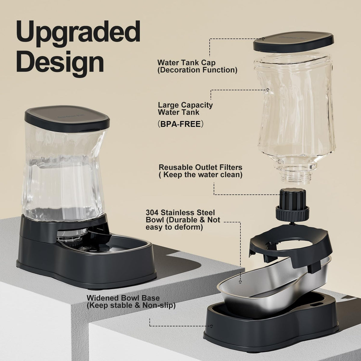 Automatic Dog Water Dispenser, Stainless Steel Bowls Feeder - Dark Grey / 2.1 Gallon - image 3