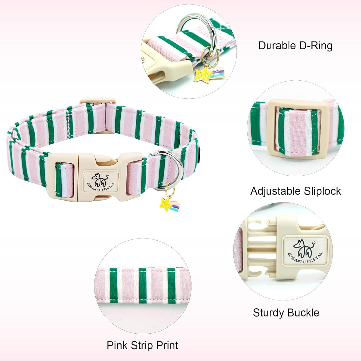 Elegant little tail Dog Collar - Pink&Green Strip / Small (Pack of 1) - image 2