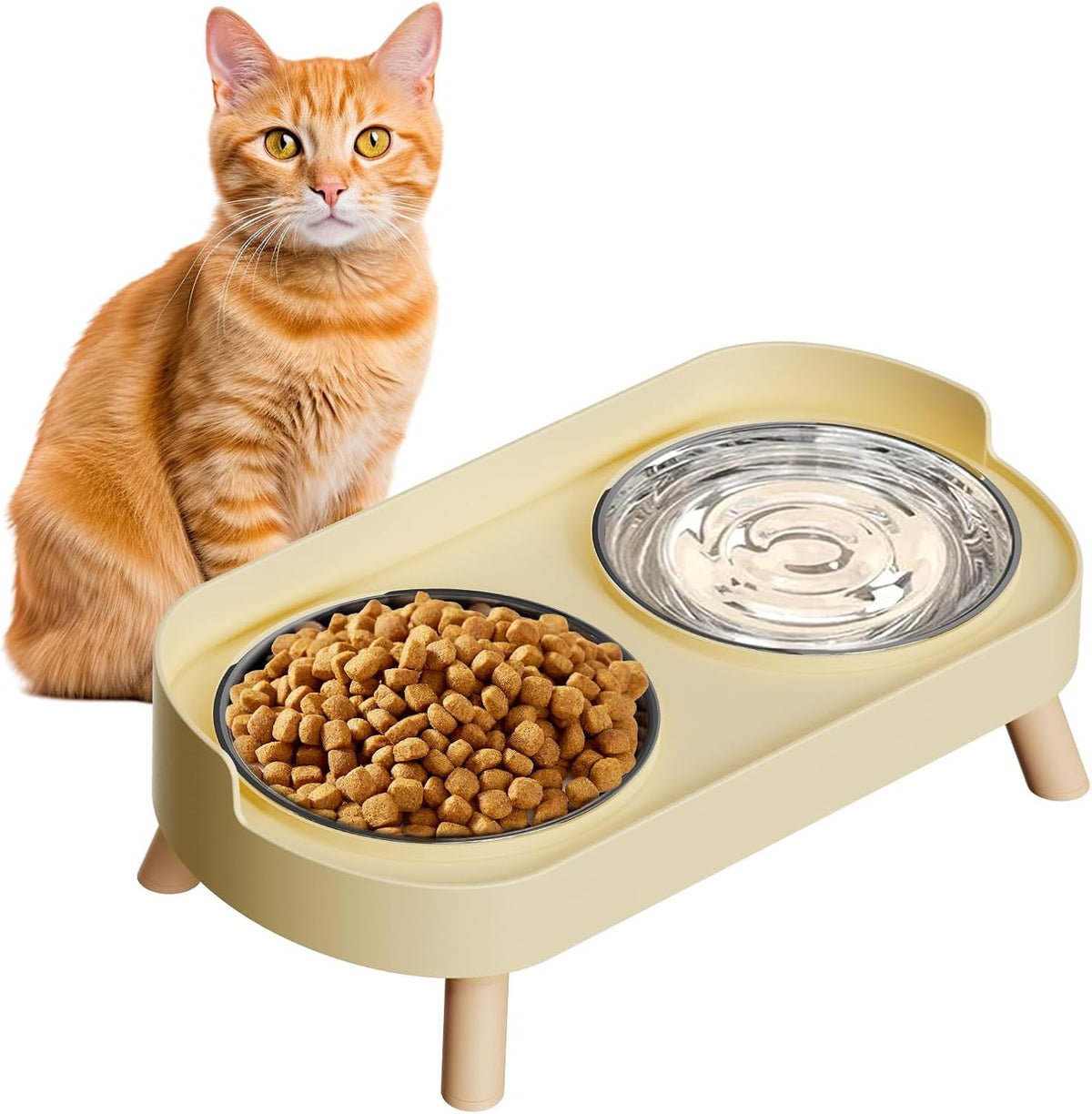 Elevated Cat Bowl, Raised Cat Food and Water Bowl Set for Indoor Cats, Splash Proof with 2 - Cat Bowls-Yellow