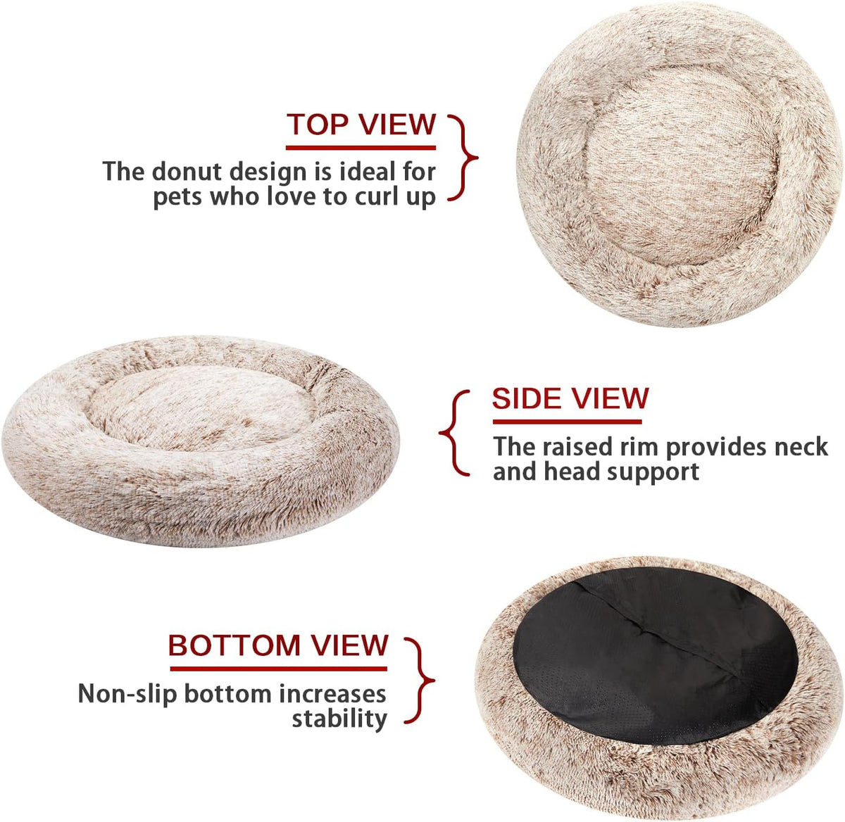 Calming Fluffy Donut Dog Bed for Large Dogs, 36" Round - 45.0"L x 45.0"W x 10.0"Th / Brown - image 4