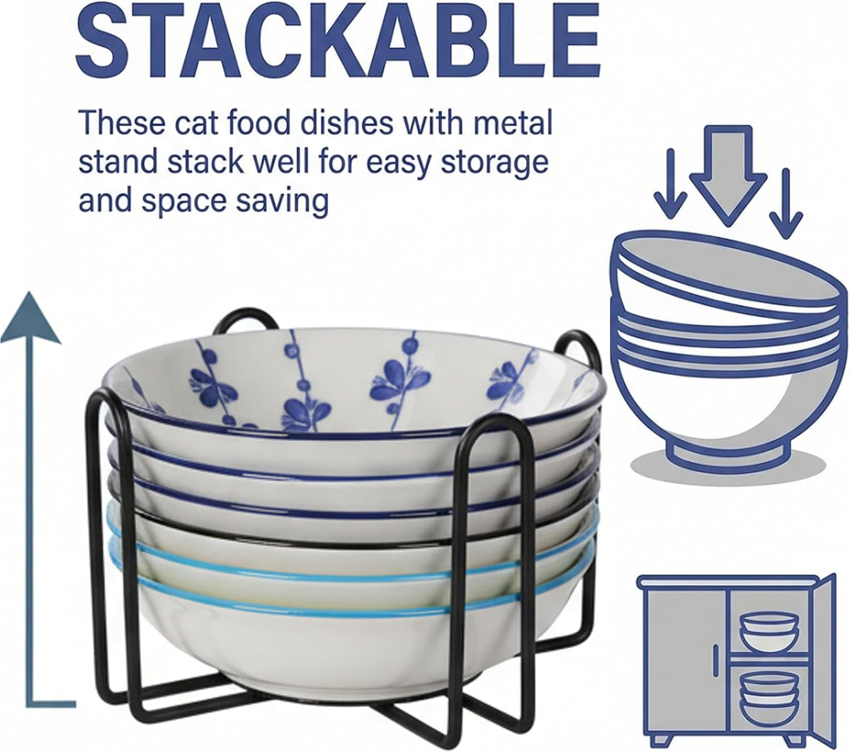 Ceramic Cat Food Bowls, Water - Classic Colors + Metal Stand - image 4