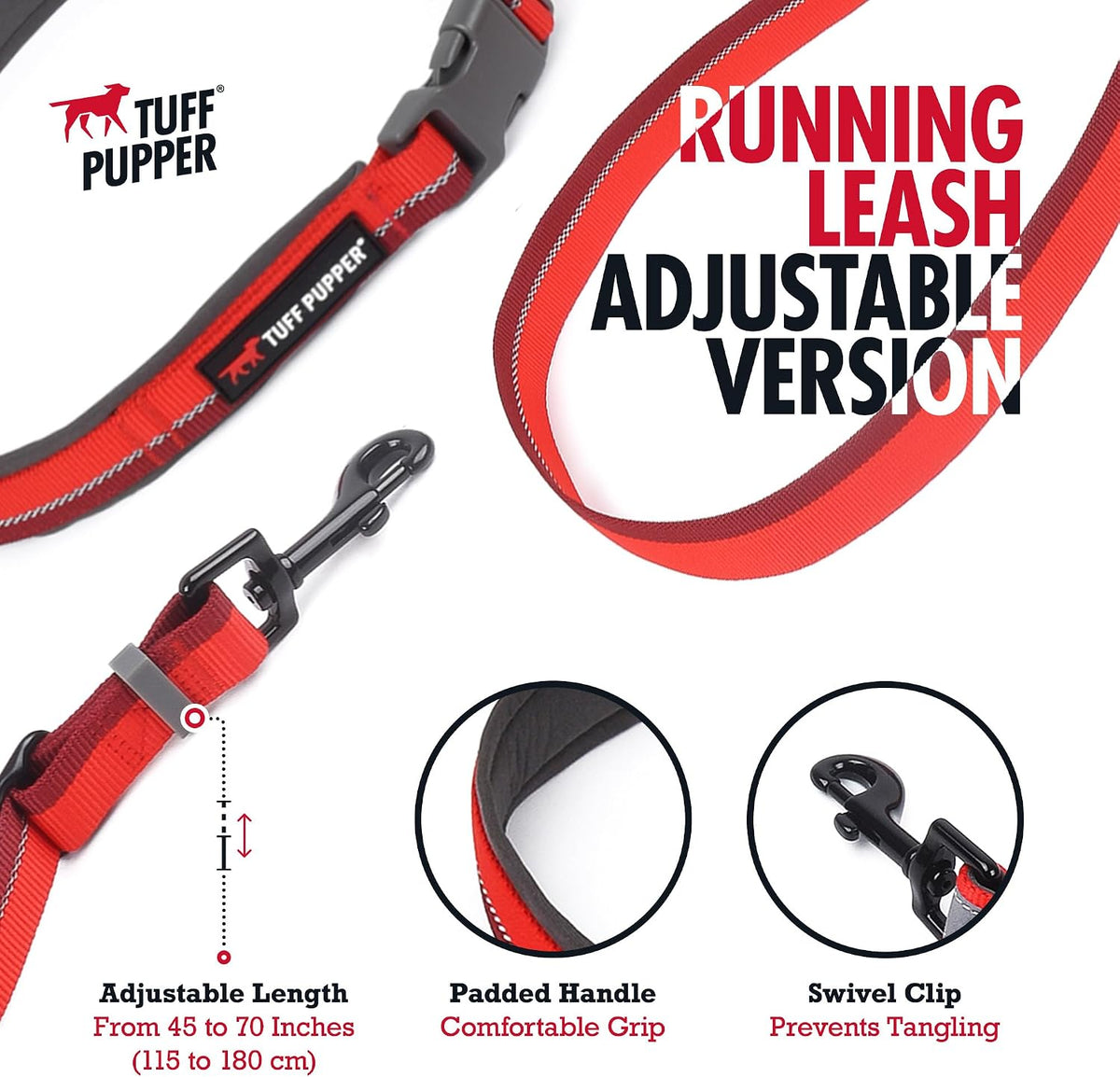 Tuff Pupper Hands Free Adjustable Length Dog Leash - Fiery Red / Adjustable - image 2