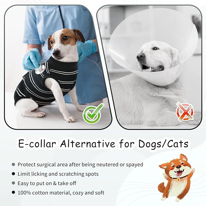 Kuoser Dog Surgery Recovery Suit for Female Male Dogs, Stripes Spay Neuter Anti-Licking Dog Onesie, Surgical Suit Snugly Pet Post Surgery Vest Bodysuit for Abdominal Wounds Skin Disease, Black S