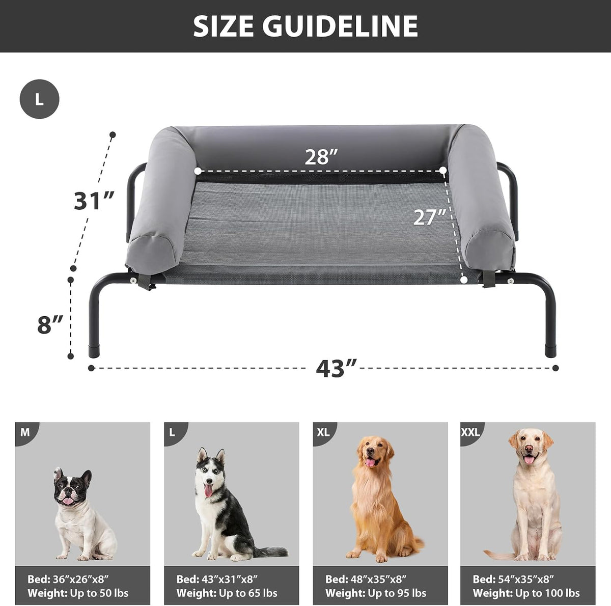 RRPETHOME Elevated Cooling Dog Cot 43x31" - Grey / 43.0"L x 31.0"W x 8.0"Th - image 2