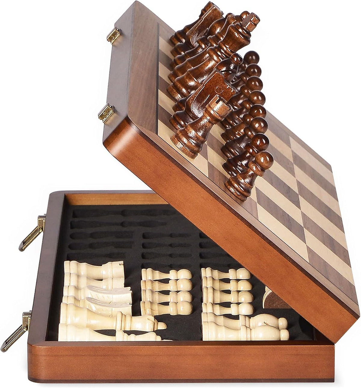 ELONGDI 15 inch folding magnetic wooden chess set with walnut finish