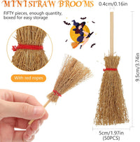 Cindeer mini witch brooms with straw heads, wooden handles and red rope ties - view 2