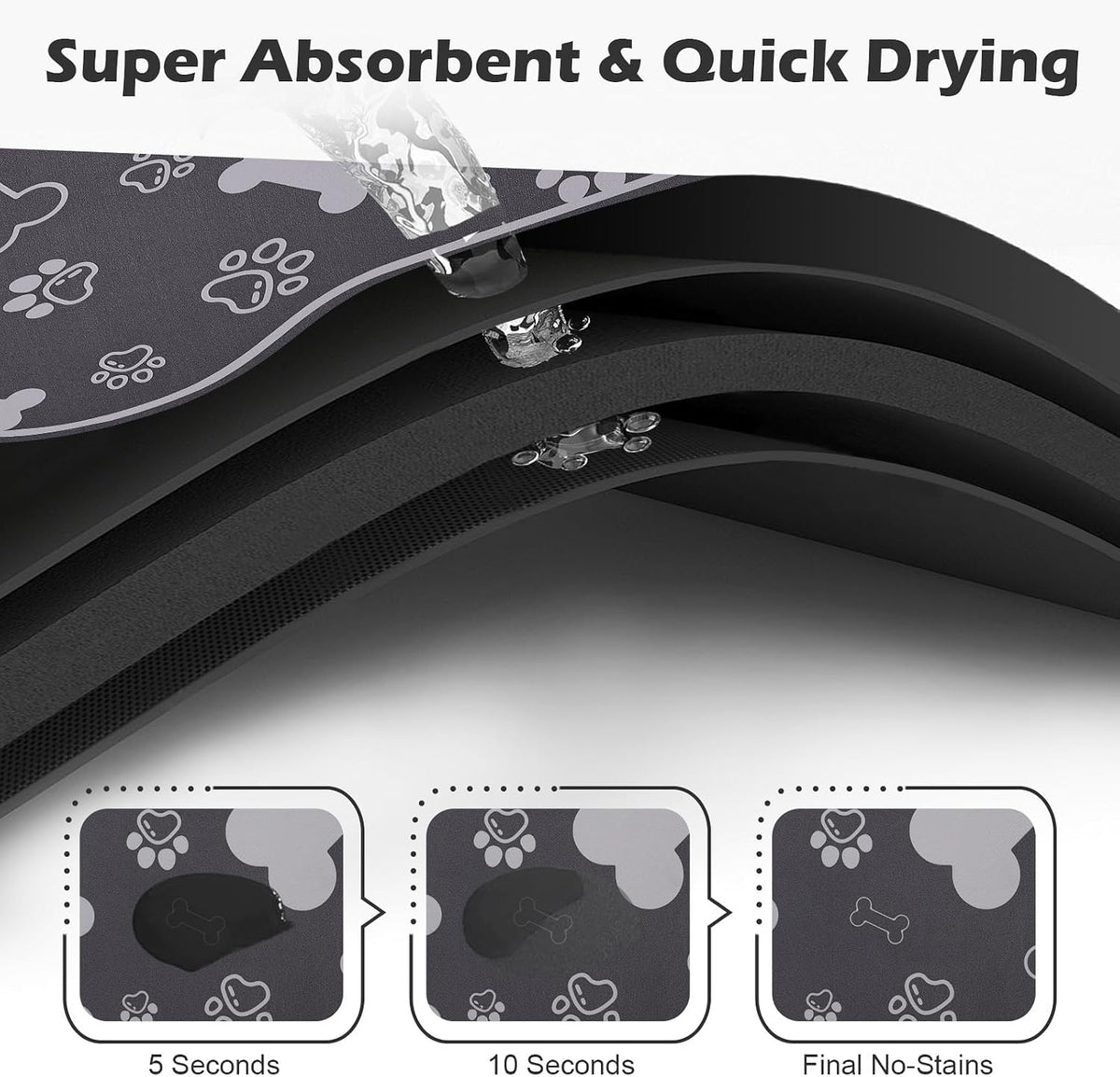 Dog Cat Food Mat, Rapid Absorbent Pet Feeding Mat - 18"L x 12"W / Bone Shaped Dark Grey - image 2