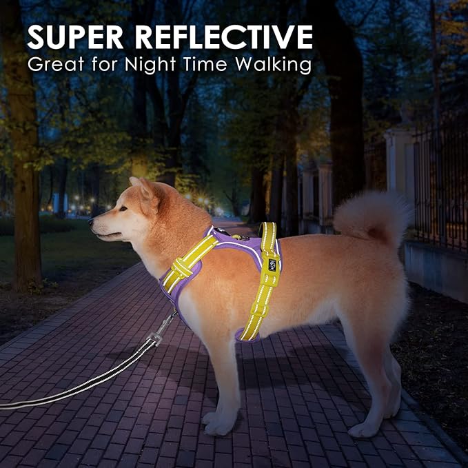 PHOEPET No Pull Dog Harness, Unique Colors Reflective Adjustable Dog Vest, with Soft Training Handle Metal Clips for Small Medium Large Dogs (Baby Purple Base & Yellow Straps,XL)