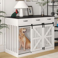 48'' Dog Crate Furniture with Divider&Storage Drawers, Wooden Double Dog Kennel Furniture End Table with Sliding Barn Doors, White Double Dog Crate TV Stand