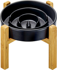Ceramic Slow Feeder Dog Bowls - Black + Stand / 8 Inches