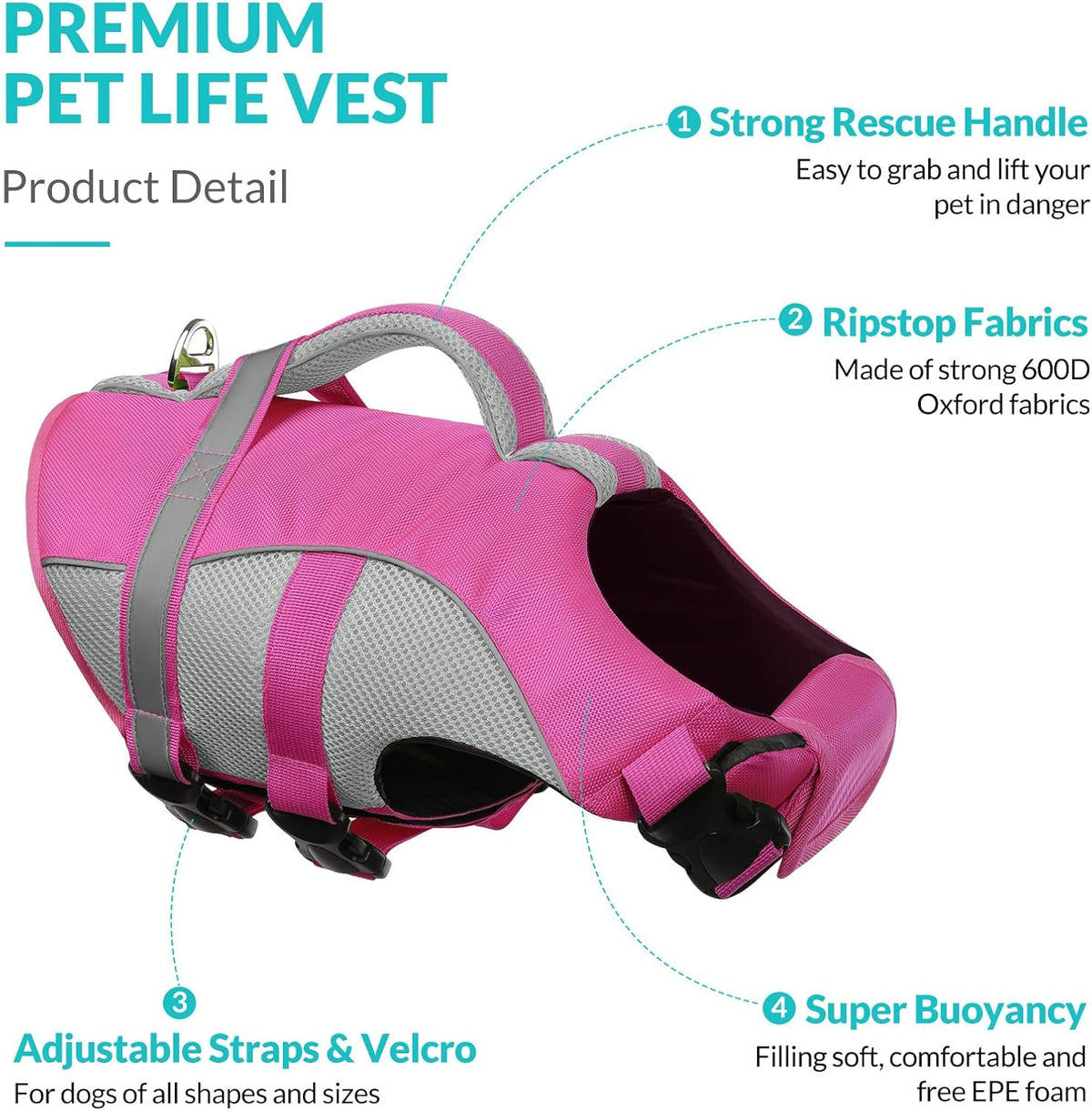 Queenmore ripstop dog life vest with top rescue handle, quick-release buckle and reflective stripes - view 3
